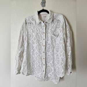 Pilcro By Anthropologie Lace Cut Button Down Blouse
